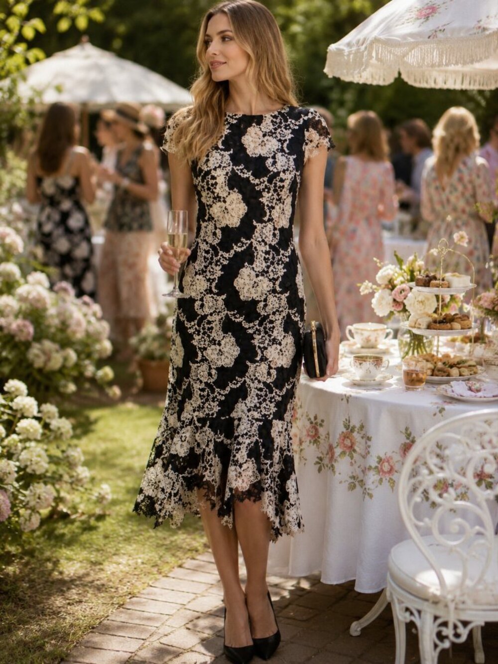Alice + Olivia Cleora Fitted Lace Midi Dress